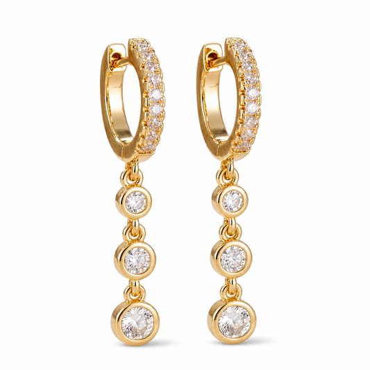 Bezel Trio Chain Drop Huggie Earrings, Gold Plated Stainless Steel Dangle Earrings by