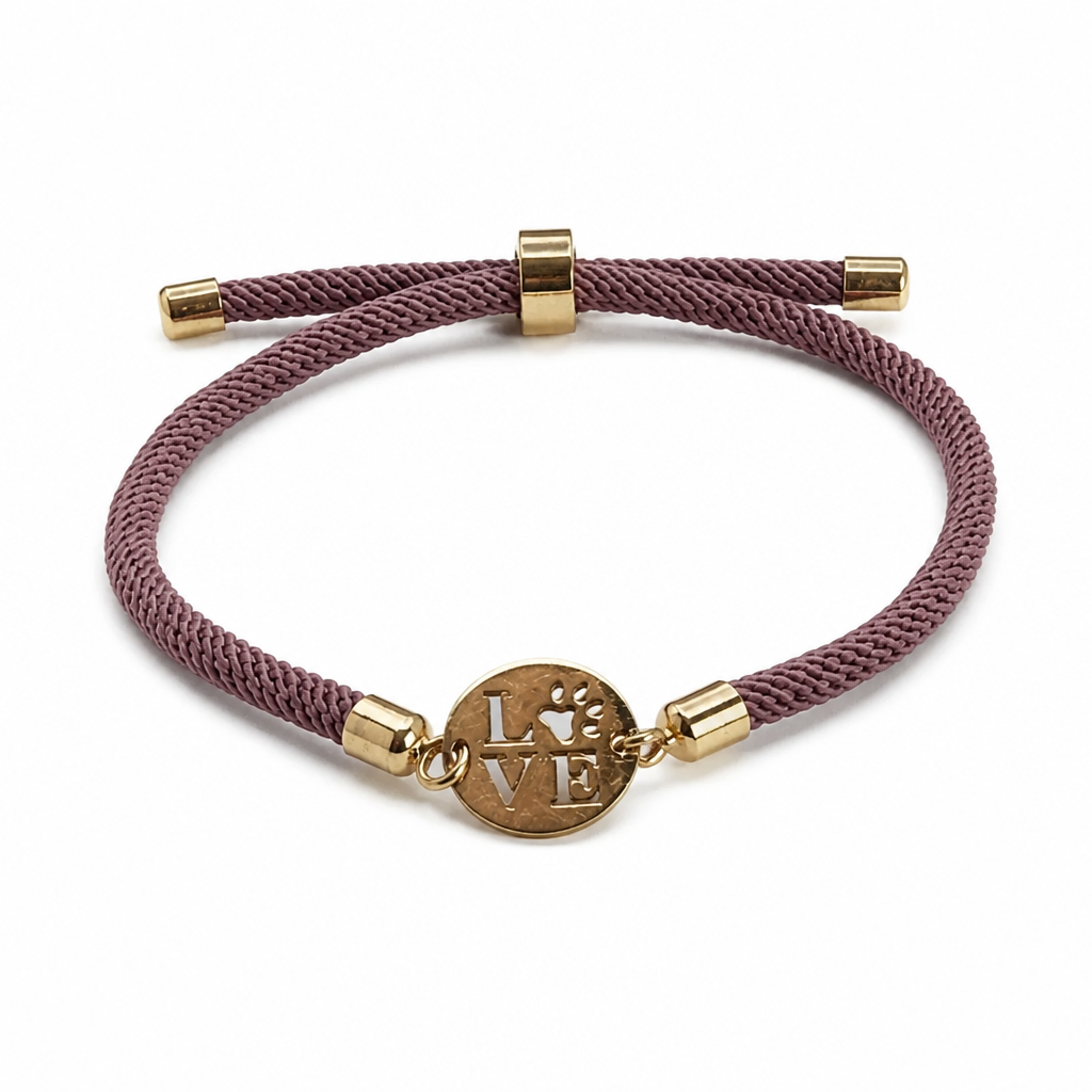 Love Paw Charm Adjustable Rope Bracelet – Gold Medallion, Pet Lover Gift