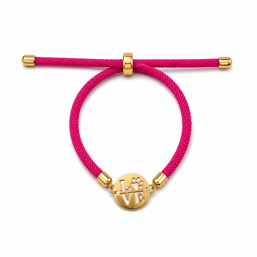 Love Paw Charm Adjustable Rope Bracelet – Gold Medallion, Pet Lover Gift