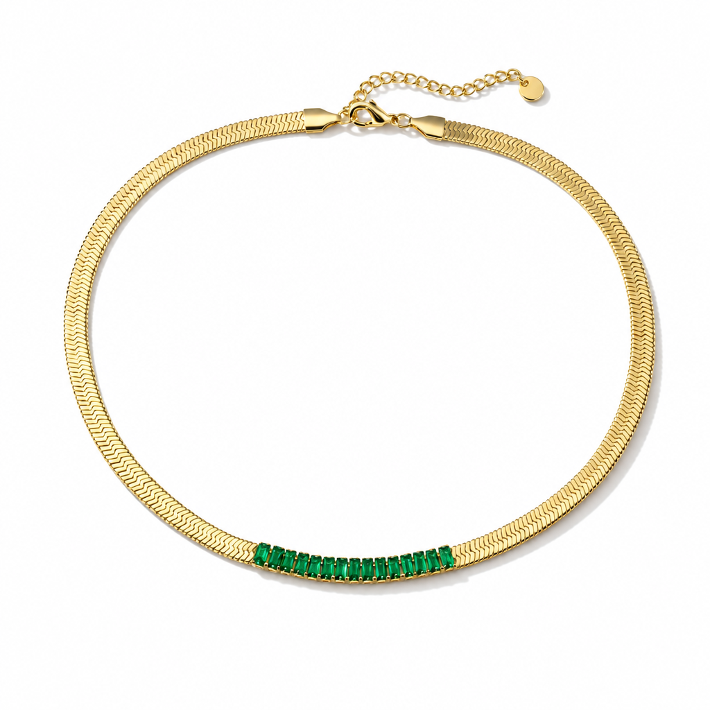 Green CZ Snake Chain Necklace | 18k Gold Plated Choker | 40cm + 5cm