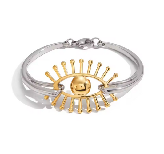 Gold Plated Minimalist Evil Eye Bangle Bracelet
