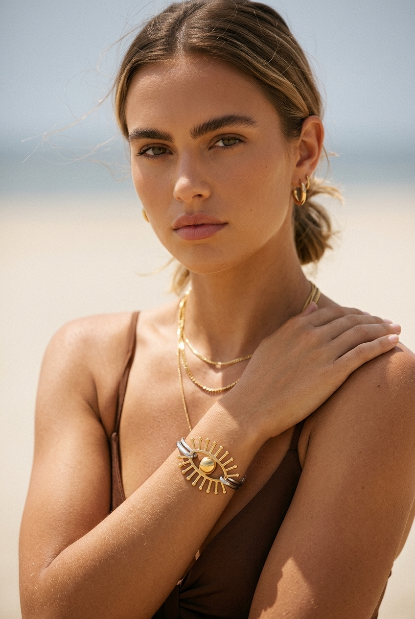 Evil Eye Mixed Metal Bangle | Gold & Silver Stainless Steel 18K | Style-NV