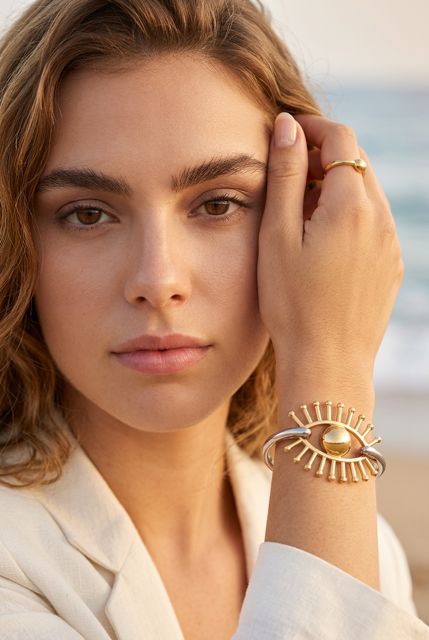 Evil Eye Mixed Metal Bangle | Gold & Silver Stainless Steel 18K | Style-NV