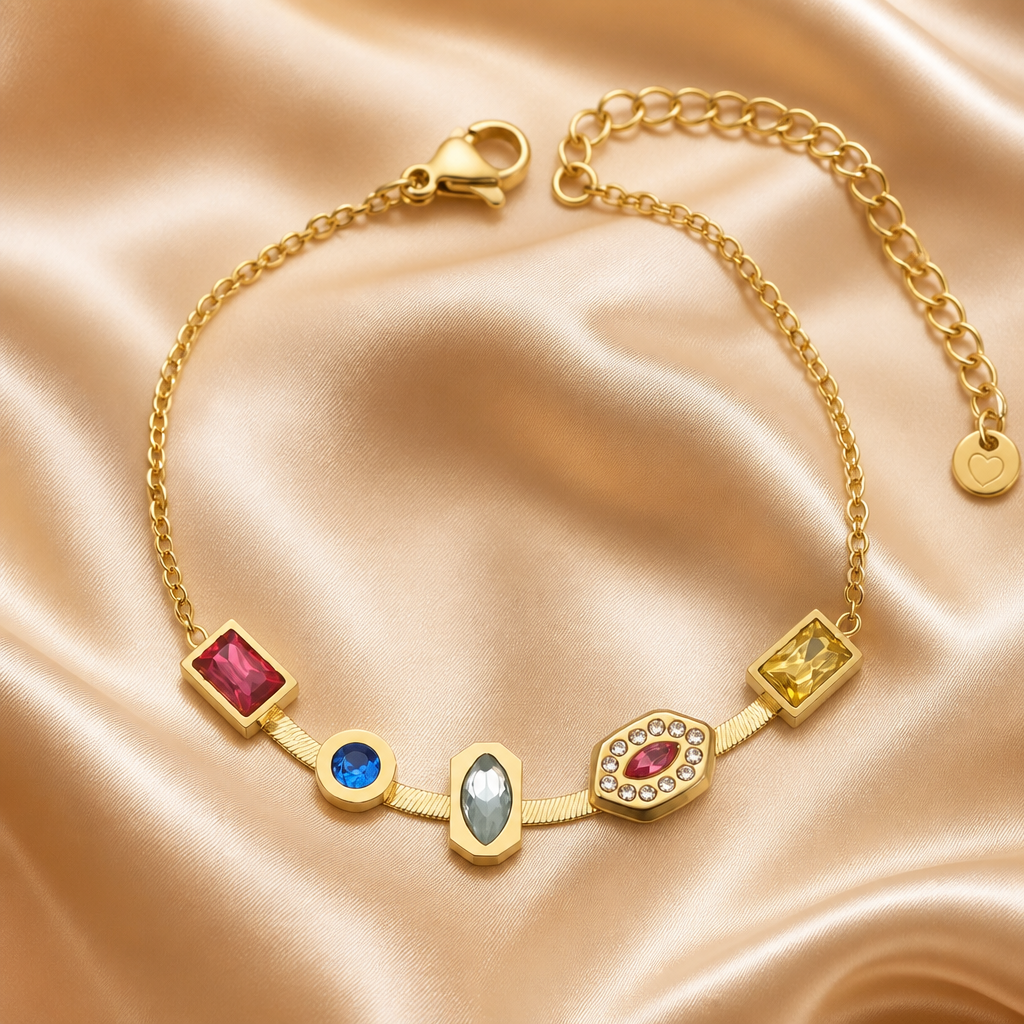 Rainbow Zircon Herringbone Gold Bracelet