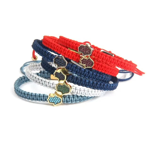 Handwoven Hamsa Charm Bracelets – Adjustable Cord in Vibrant Colours