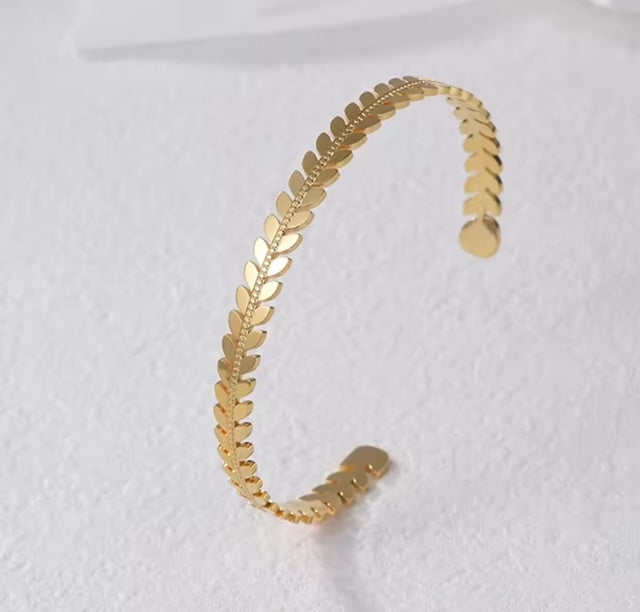 Gold-Plated Laurel Leaf Open Cuff Bangle Bracelet