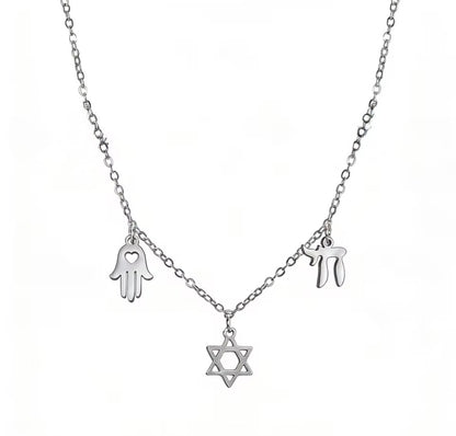 Magen David, Hamsa & Chai Charm Necklace