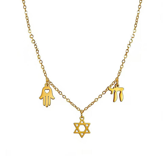 Magen David, Hamsa & Chai Charm Necklace