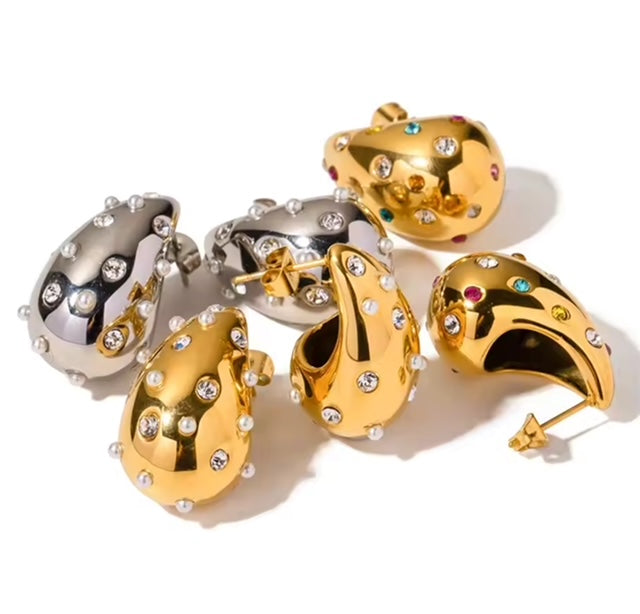 Gold Plated Teardrop Earrings with Pearl &amp; Diamante Accents